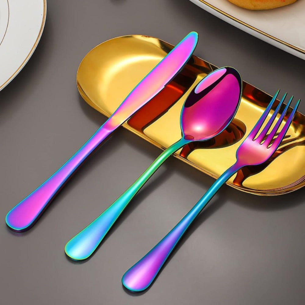Flatware Set for 12, 60-Piece 304 Stainless Steel Cutlery Set with Mirror Polish & Titanium Plated Finish ¡ª Dishwasher Safe Silverware with Knife, Fork & Spoon | Silver, Gold & Rainbow