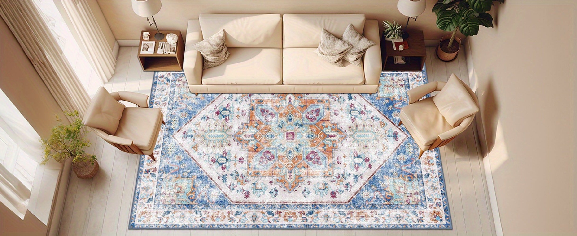 Vintage Persian Area Rug Machine Washable Non-Slip Non-Shedding Floral Indoor Carpet for Living Room Bedroom in Multiple Colors and Sizes