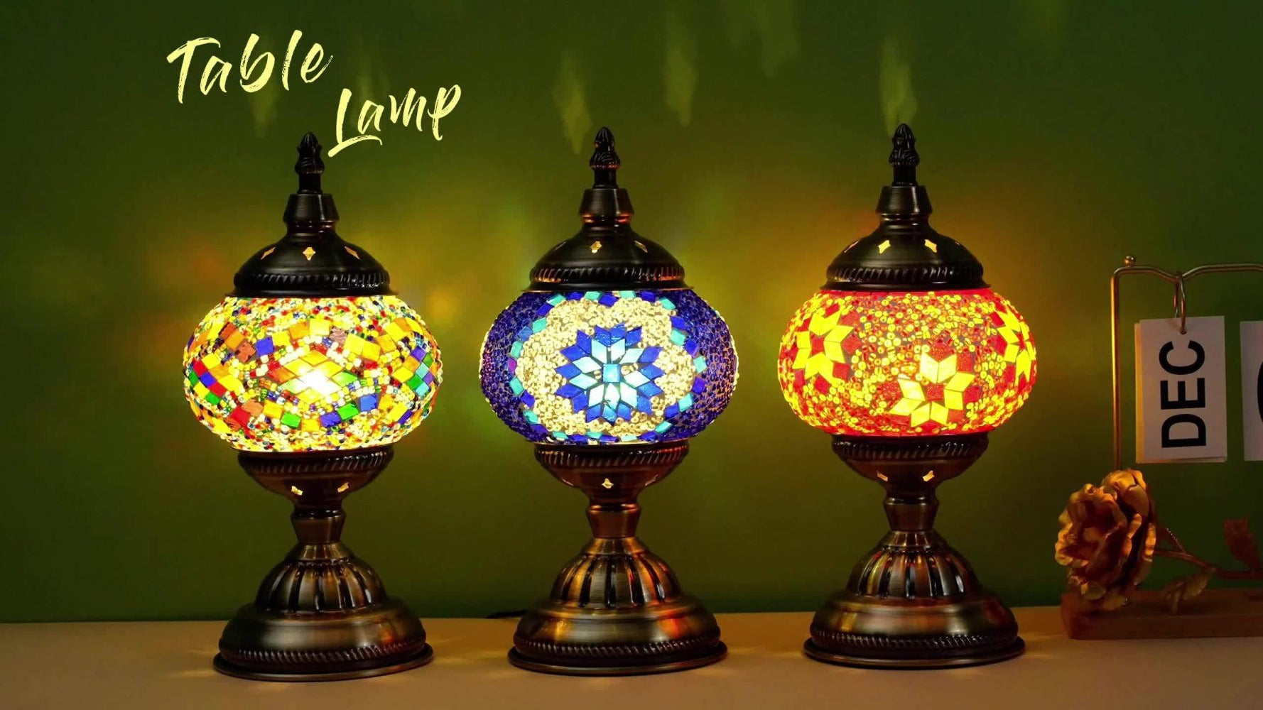 Mosaic Table Lamp Handcrafted Turkish Glass Bedside Lamp 3-Color Dimmable with Metal Base Bulb Included