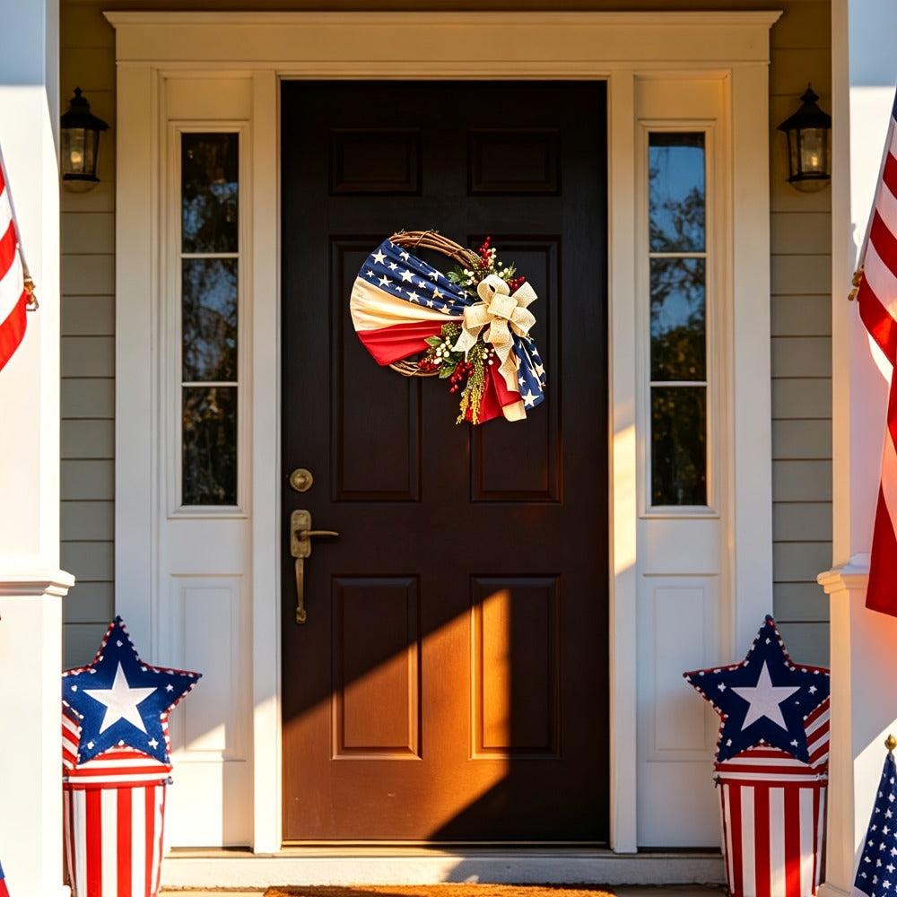 Patriotic 4th of July Door Wreath ¨C Red White & Blue American Flag Wreath with Burlap Bow for Independence Day, Memorial Day & Patriotic Home, Porch & Office Decor