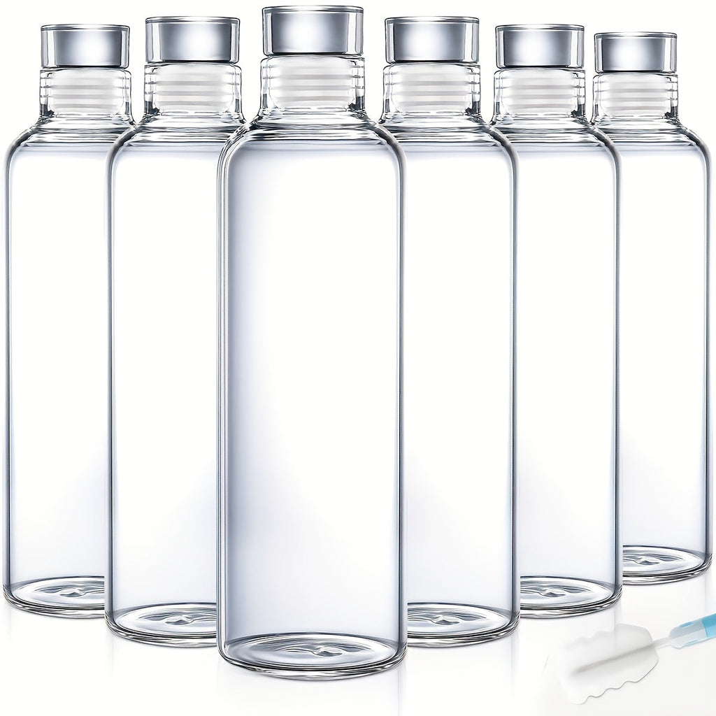 Borosilicate Glass Water Bottle Set of 6 with Lid Sleeve and Cleaning Brush ¨C 18oz Reusable Juice Bottles | Non-Slip Sports Drinking Vessels for Home Office Gym Travel