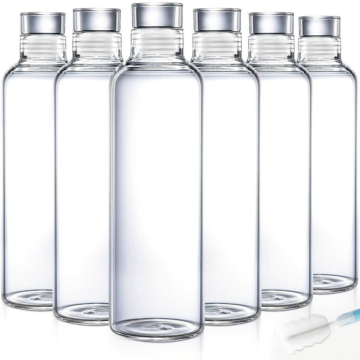 Borosilicate Glass Water Bottle Set of 6 with Lid Sleeve and Cleaning Brush ¨C 18oz Reusable Juice Bottles | Non-Slip Sports Drinking Vessels for Home Office Gym Travel