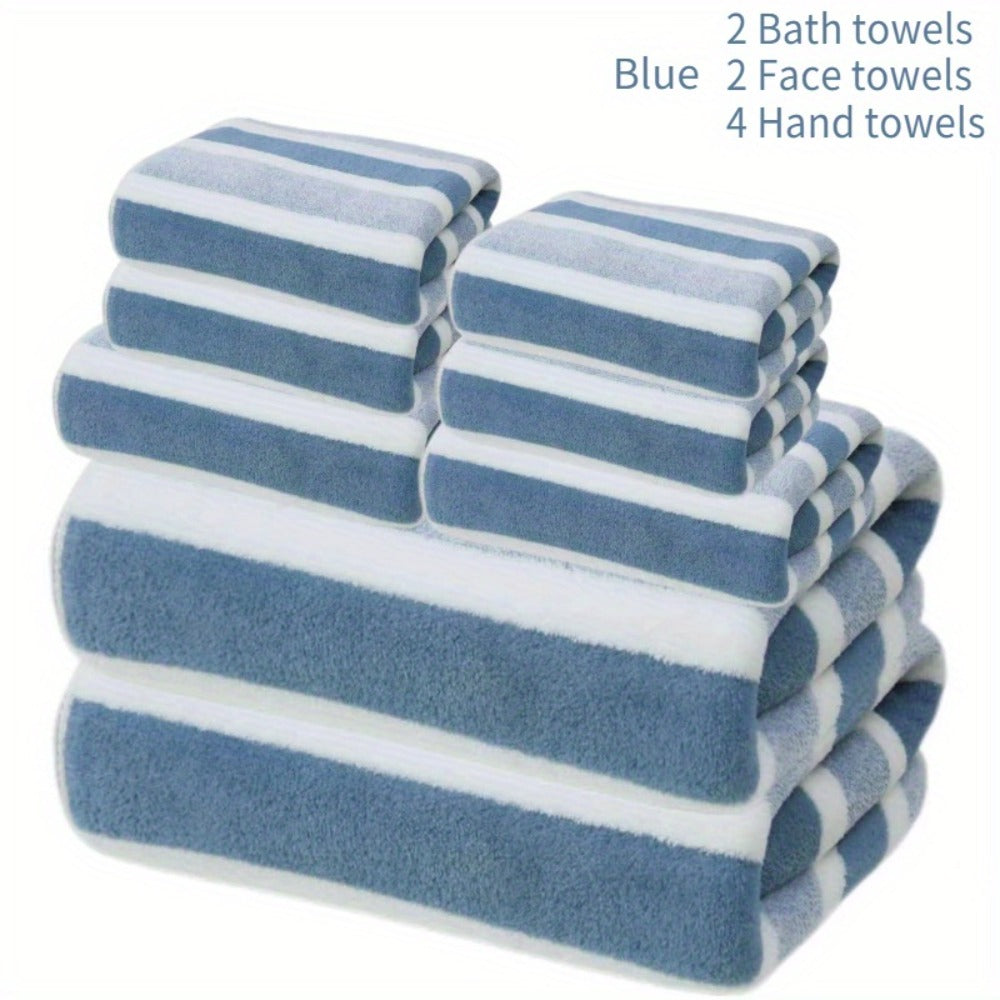 Towel Set 8 Piece Two-Color Striped - Super Absorbent Soft No Hair Loss Bath Towel Combo | 2 Bath Towels 2 Face Towels 4 Hand Towels | Grey Red Blue Green | Bathroom Family Hotel Spa Gift Set
