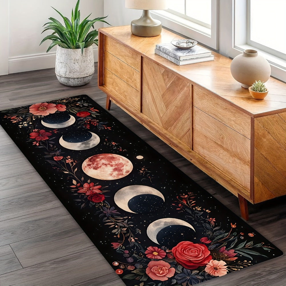 Bohemian Moon Phase Floral Area Rug Non-Slip Washable Rectangle Mat, Artistic Decorative Kitchen Runner for Hardwood Floors, Bedroom, Living Room, Laundry Room, Entryway and Hallway Home Decor