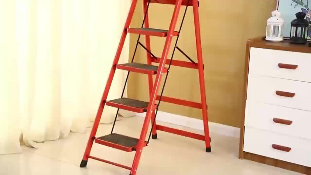 Folding Step Ladder 3 / 4 / 5 Step with Anti-Slip Pedal & Tool Tray ¨C 450 LBS Capacity Portable Steel Step Stool for Adults, Home, Kitchen, Library & Office Use ¨C Red & Black Options