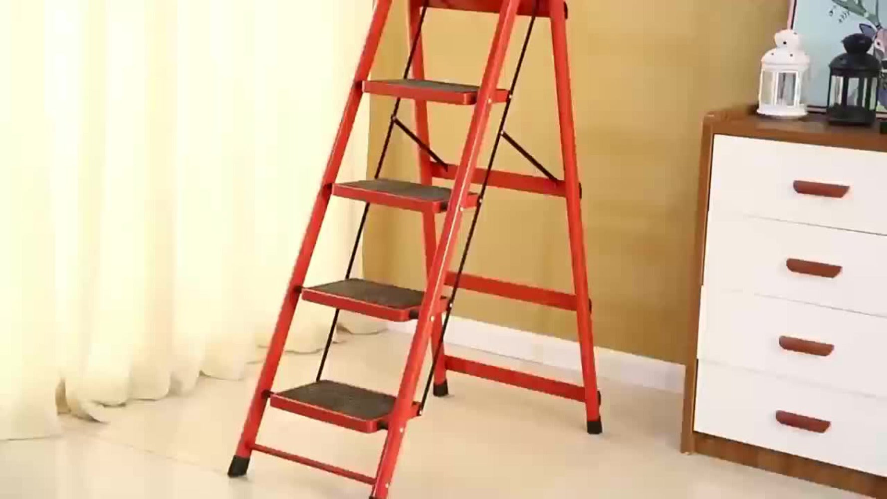 Folding Step Ladder 3 / 4 / 5 Step with Anti-Slip Pedal & Tool Tray ¨C 450 LBS Capacity Portable Steel Step Stool for Adults, Home, Kitchen, Library & Office Use ¨C Red & Black Options