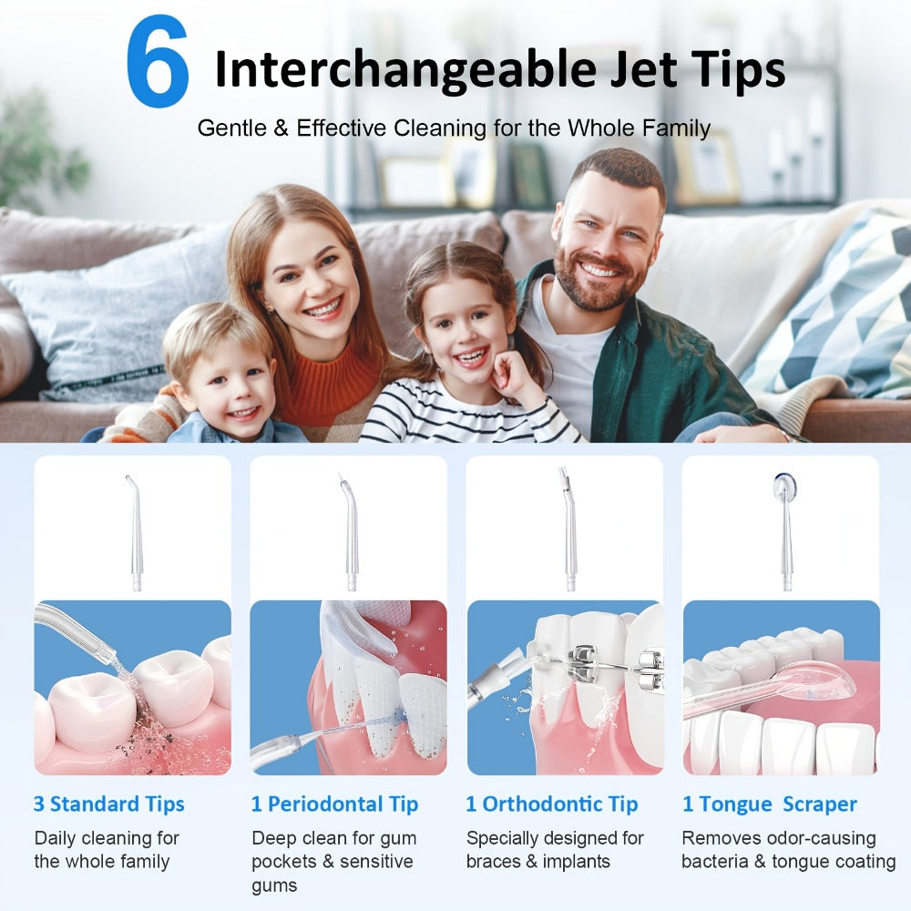 Water Flosser Cordless Oral Irrigator - Rechargeable Electric Dental Cleaner with 6 Interchangeable Nozzles, Adjustable Pressure Control, Plaque & Tartar Removal, USB Powered, Portable for Home & Travel Use