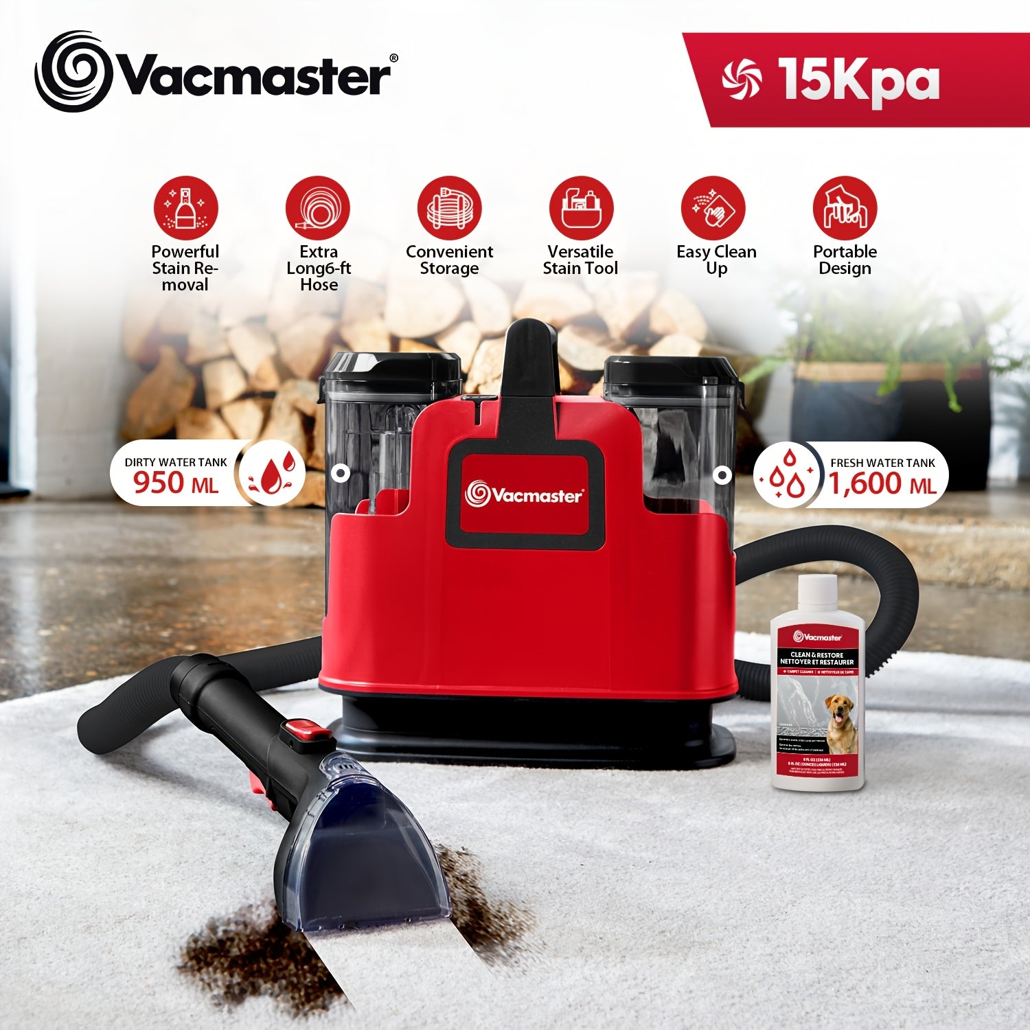 Portable Carpet Spot Cleaner Machine 15Kpa Suction Upholstery Stain Remover with Versatile Tools for Pet Hair Area Rug Couch Sofa