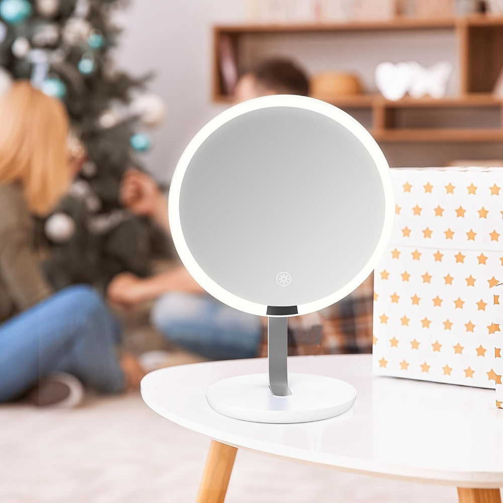 LED Makeup Mirror with Lights & 10X Magnification - Touch Dimming Desktop Vanity Mirror, Adjustable Brightness, Portable Handheld Design for Bathroom, Bedroom & Office, Ideal Gift for Women