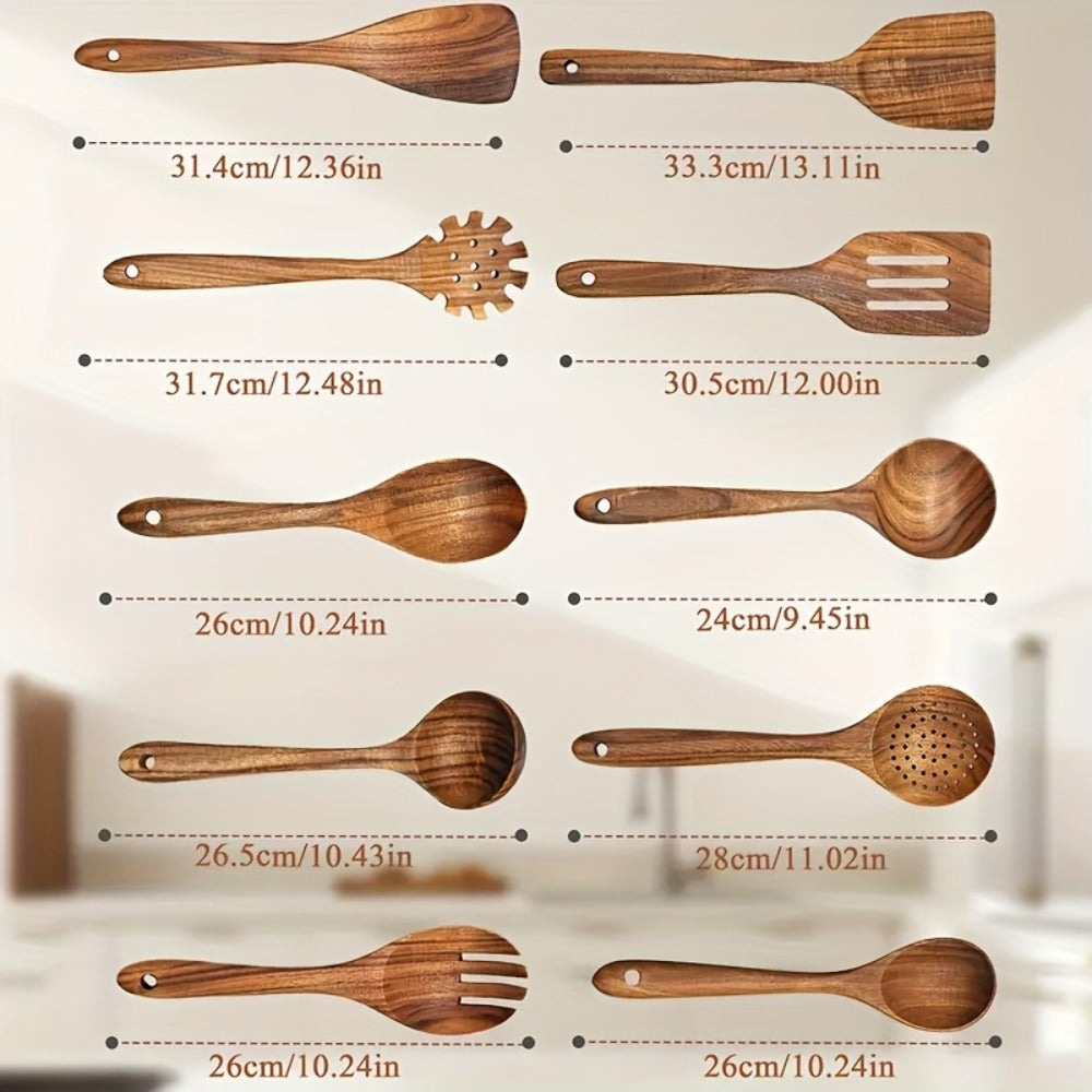 Wooden Kitchen Utensils Set ¨C Natural Wood Spoon Spatula & Wok Spatula with Ergonomic Handle, Heat-Resistant Non-Stick Safe Cooking Tools, Easy to Clean Durable Kitchen Essentials (5 / 6 / 10 Piece Sets)