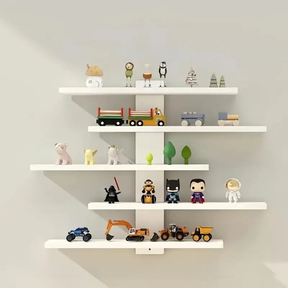 5-Tier Wall Mounted Floating Display Shelf Adjustable Fiberboard | Modern Decorative Storage Rack for Action Figures Building Blocks Collectibles Dolls Statues Home Office Shelving Unit Black White