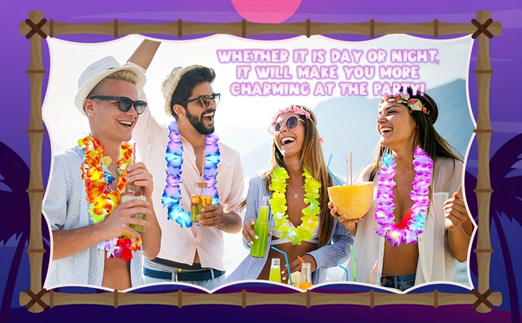 Light Up Hawaiian Lei Necklace 26pcs LED Flower Leis Glow Necklaces for Luau Party Beach Party Tropical Costume Accessories