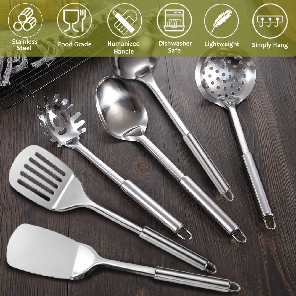 Stainless Steel Kitchen Utensils Set 12 Piece with Holder ¨C Heat Resistant Cooking Utensils, Spatula, Ladle, Tongs, Whisk, Skimmer, Potato Masher, Slotted Spoon