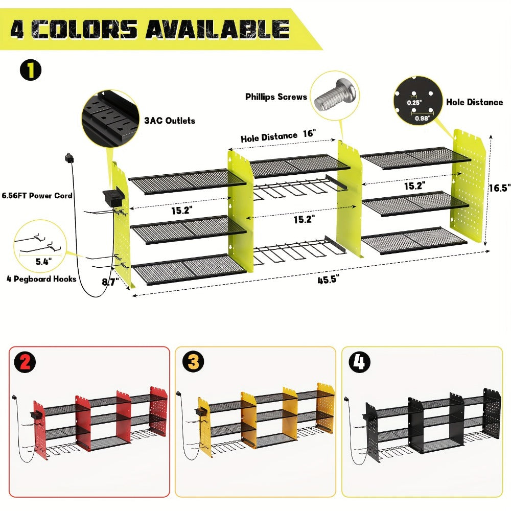 Power Tool Organizer Wall Mount with Charging Station | 3-Layer Cordless Drill Holder Storage Rack 45.5 Inch Heavy Duty ¨C Adjustable Garage Tool Shelf for Workshop & Tool Room