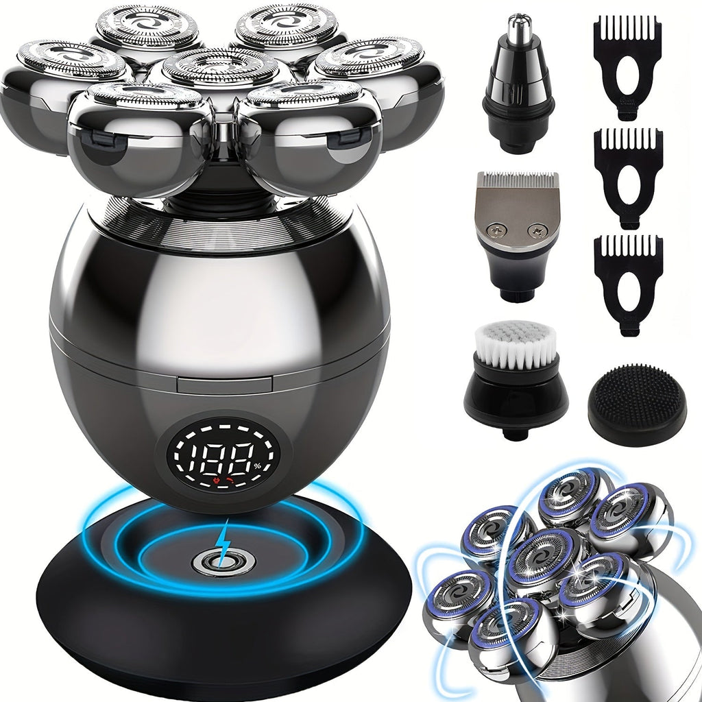 Electric Head Shaver for Bald Men 5-in-1 Grooming Kit with Rotary Blades, Hair Clipper, Nose Trimmer, Cleaning Brush & Scalp Massager ¨C Cordless Rechargeable Skull Shaver, Silver & Gold