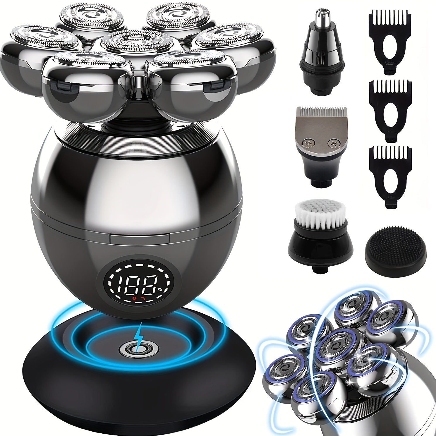 Electric Head Shaver for Bald Men 5-in-1 Grooming Kit with Rotary Blades, Hair Clipper, Nose Trimmer, Cleaning Brush & Scalp Massager ¨C Cordless Rechargeable Skull Shaver, Silver & Gold