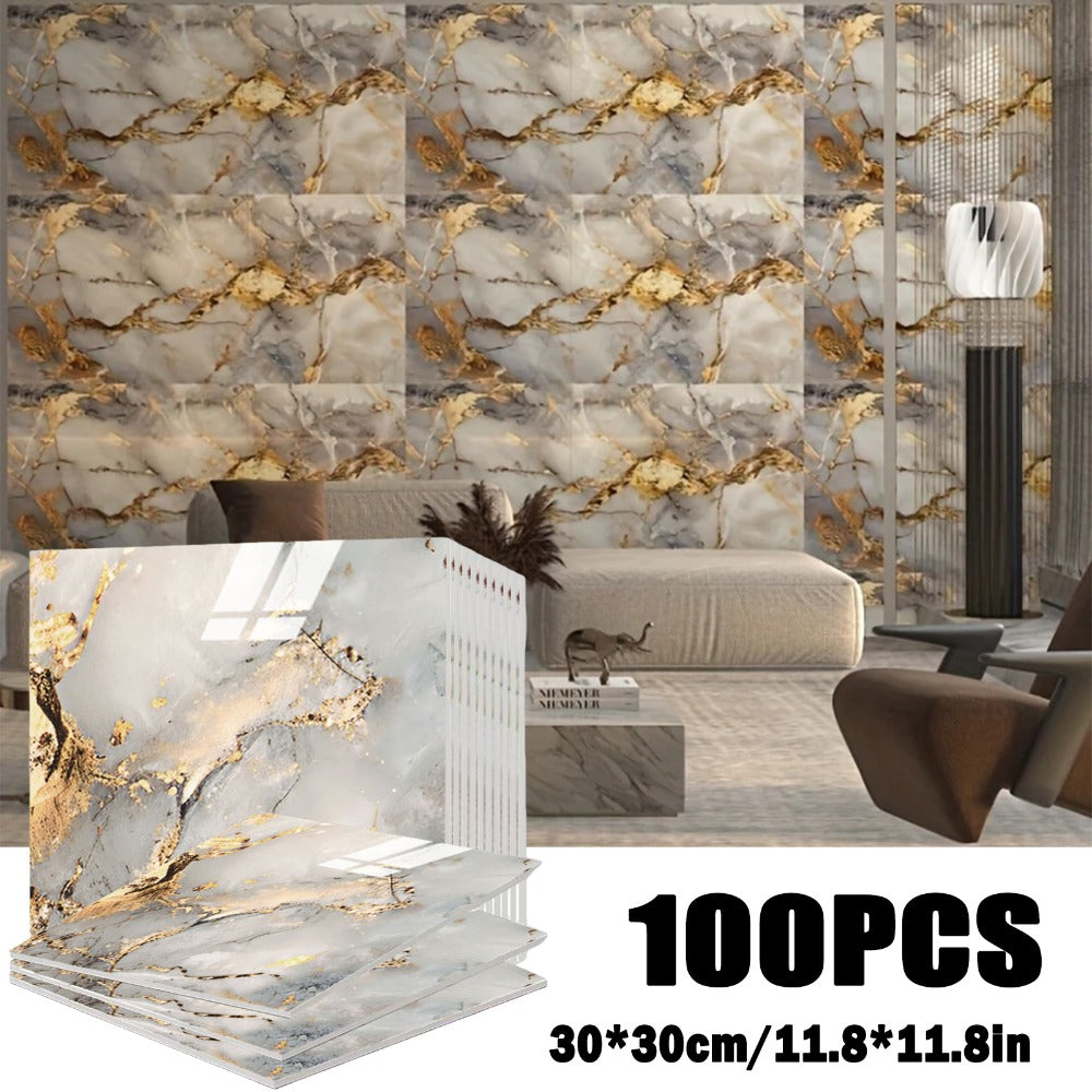 Self-Adhesive Marble Tile Stickers 11.8x11.8in Peel and Stick Wall Tiles for Bathroom Kitchen Backsplash ¨C Waterproof 3D Glossy Imitation Marble Wall Panel, Easy to Install, 50 or 100 Pack
