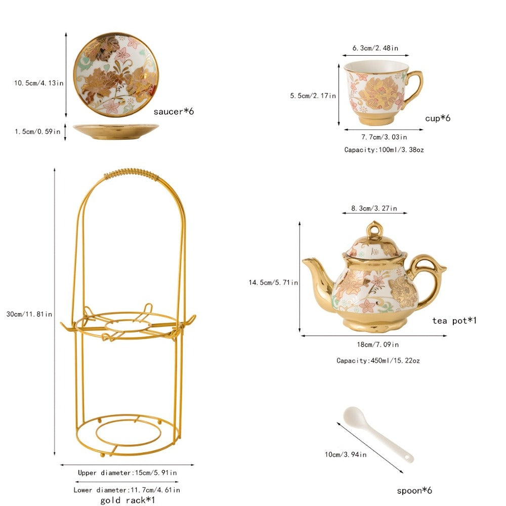European Floral Ceramic Tea Set 20 Pcs ¨C Italian Style Afternoon Tea Set with Metal Stand ¨C Blooming Pattern Teapot & Cups ¨C Elegant Gift for Tea Lovers & Special Occasions ¨C Golden