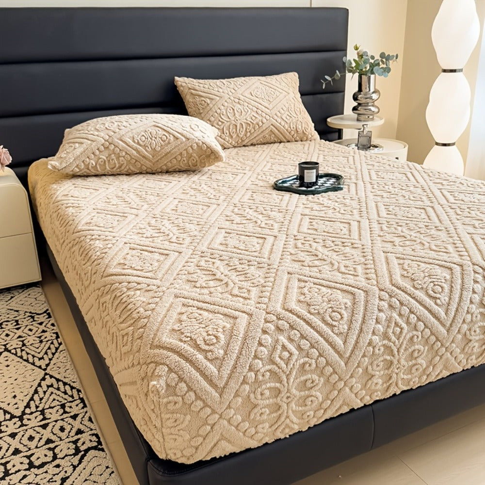Embossed Fitted Bed Sheet Super Soft Jacquard Mattress Cover Deep Pocket All Season Twin Full Queen King Washable Bedding White Gray Khaki Blue Green