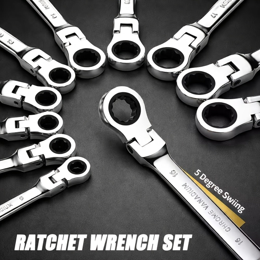 Wrench Set 10-Piece Multi-Function ¨C 8 Hex Wrenches, Flare Wrench & 10mm Ratchet Wrench, Chrome Vanadium Steel, 180¡ã Rotating Double-Ended 72-Tooth Precision Gear Design