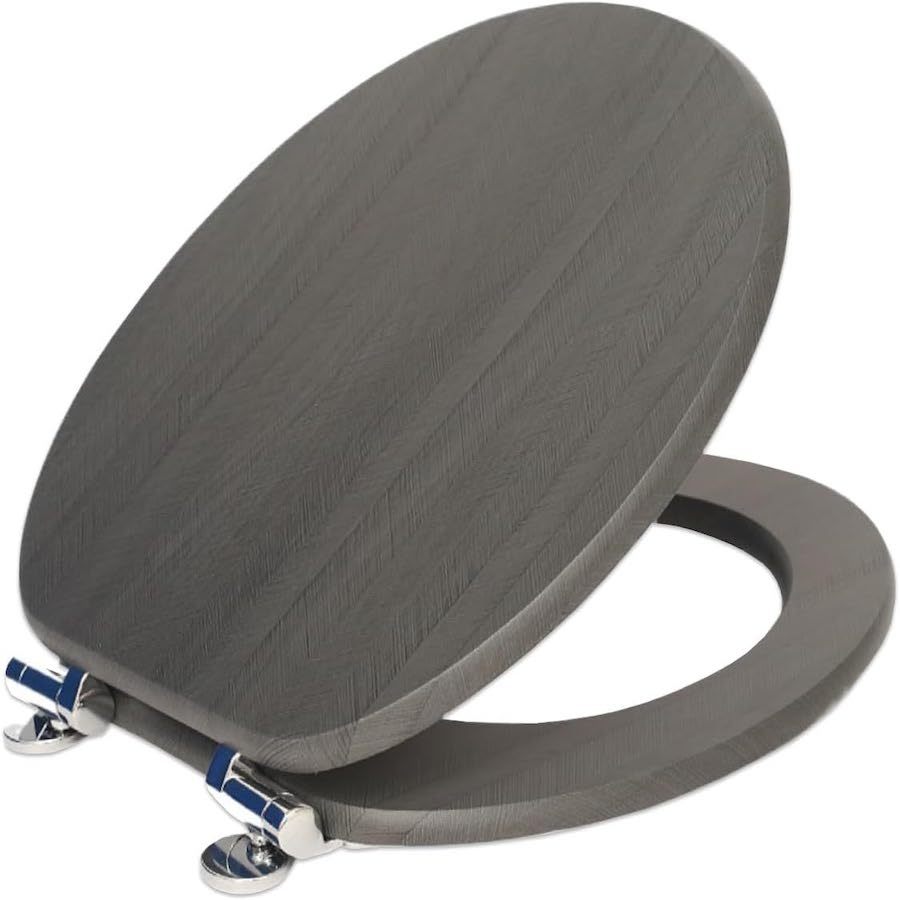 Slow Close Toilet Seat Round 19 Inch, Dark Grey Soft-Close Toilet Lid with Alloy Hinges, Easy Clean Quick-Release, Durable Heavy-Duty Bathroom Toilet Seat Replacement for Standard Round Toilets