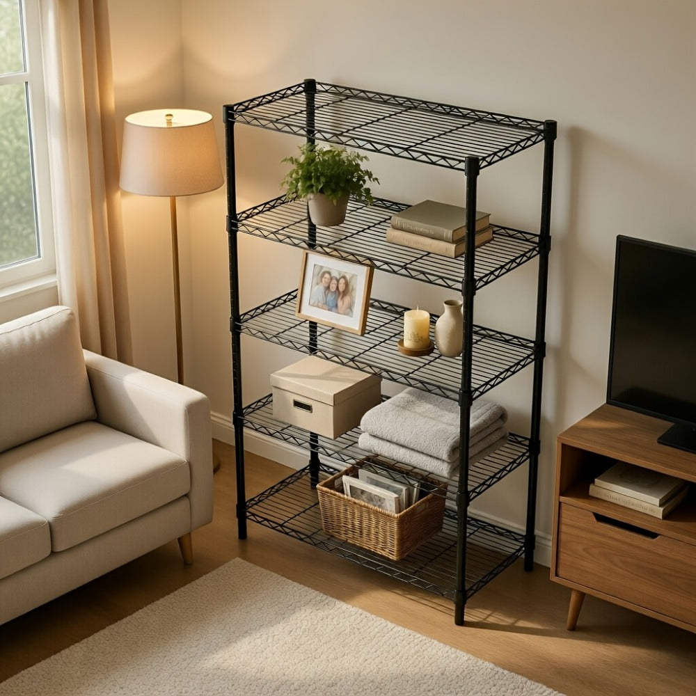 Metal Storage Shelving Unit Heavy Duty Adjustable 4 5 Tier Steel Shelf Rack for Garage Kitchen Pantry Workshop Black Chrome MZG