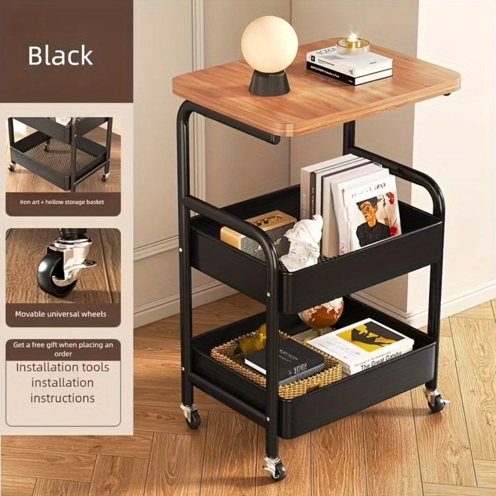 Storage Trolley with Wheels 3-Tier Wooden Tabletop Rolling Cart - Reinforced Black Metal Frame, Locking Casters, Multi-Use Organizer for Kitchen, Office, Bedroom & Living Room, Easy Assembly Printer Stand