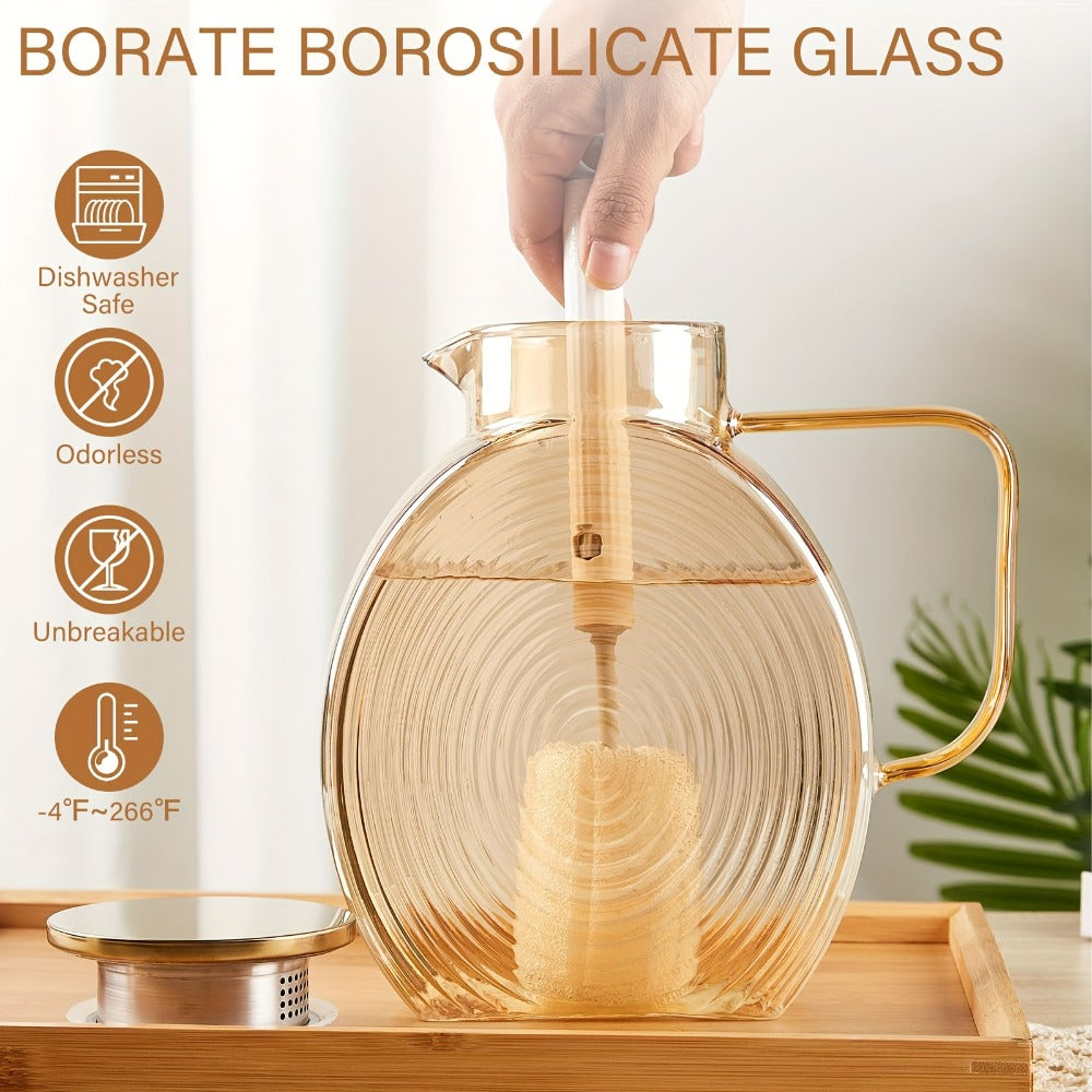 Borosilicate Glass Pitcher with Lid for Fridge, 2.5L/84oz Large Iced Tea Pitcher with Handle, Water Jug for Sun Tea, Lemonade, Fruit Juice, Cold & Hot Beverages, Golden & Grey