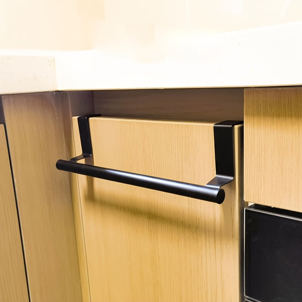 Cabinet Door Towel Bar Stainless Steel 2pcs Set - Over the Door Hand Towel Hanger Rack No Drilling | Black Silver | Kitchen Bathroom Cupboard Dishcloth Organizer Bathroom Accessories