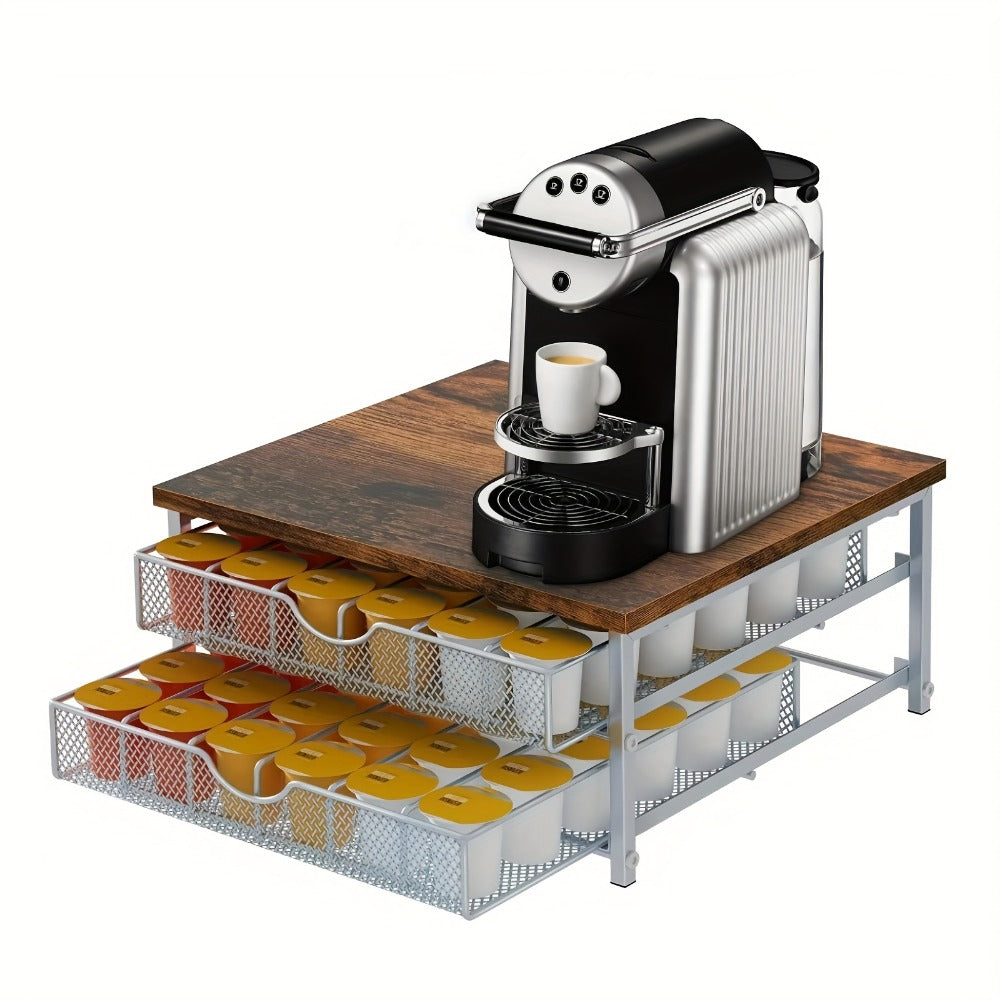 K-Cup Coffee Pod Holder 72 Capacity ¨C 2-Tier Sliding Drawer Coffee Pod Organizer with Wood Top & Metal Frame, Non-Slip Base, Stackable Countertop Storage for Home, Office & Cafe ¨C Silver
