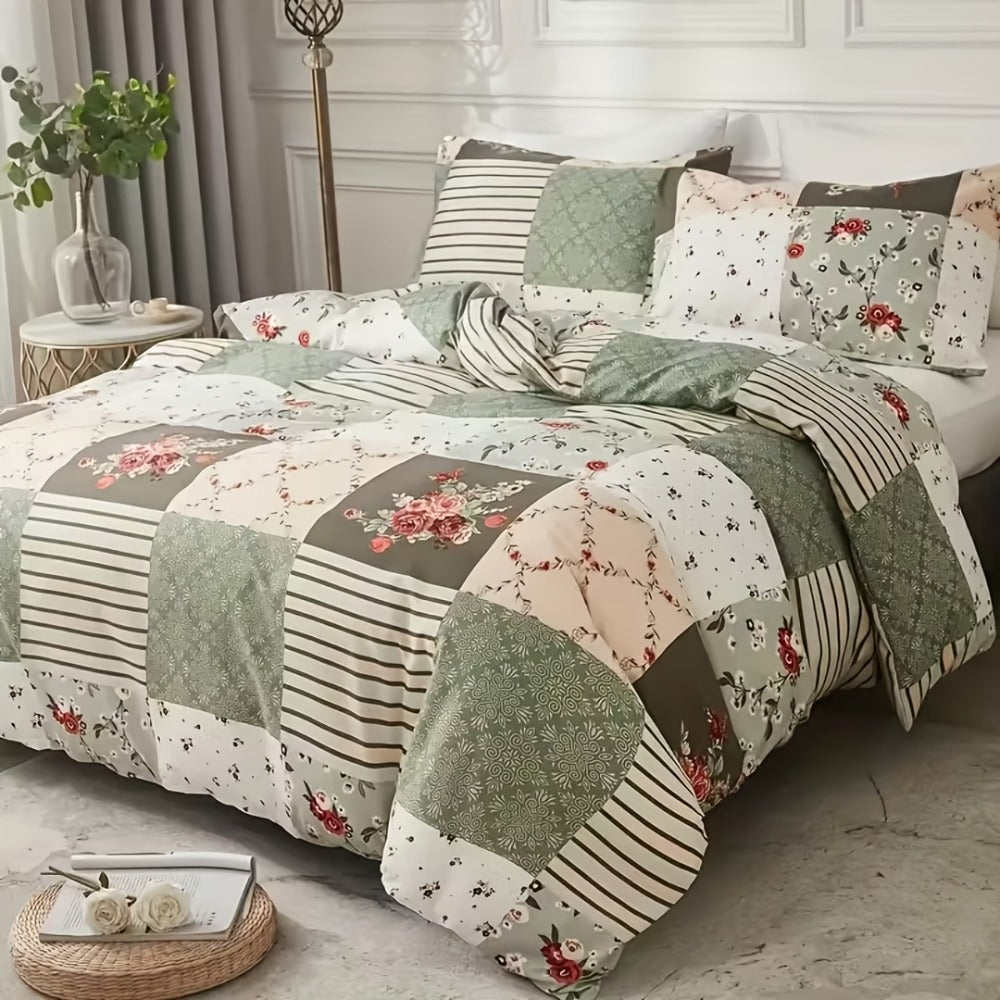 Floral Duvet Cover Set 3 Piece - Zipper Closure Patchwork Comforter Cover with 2 Pillowcases, All-Season Lightweight Kids Bedding Set, Pastoral Flower Plaid Print, Twin Full Queen King