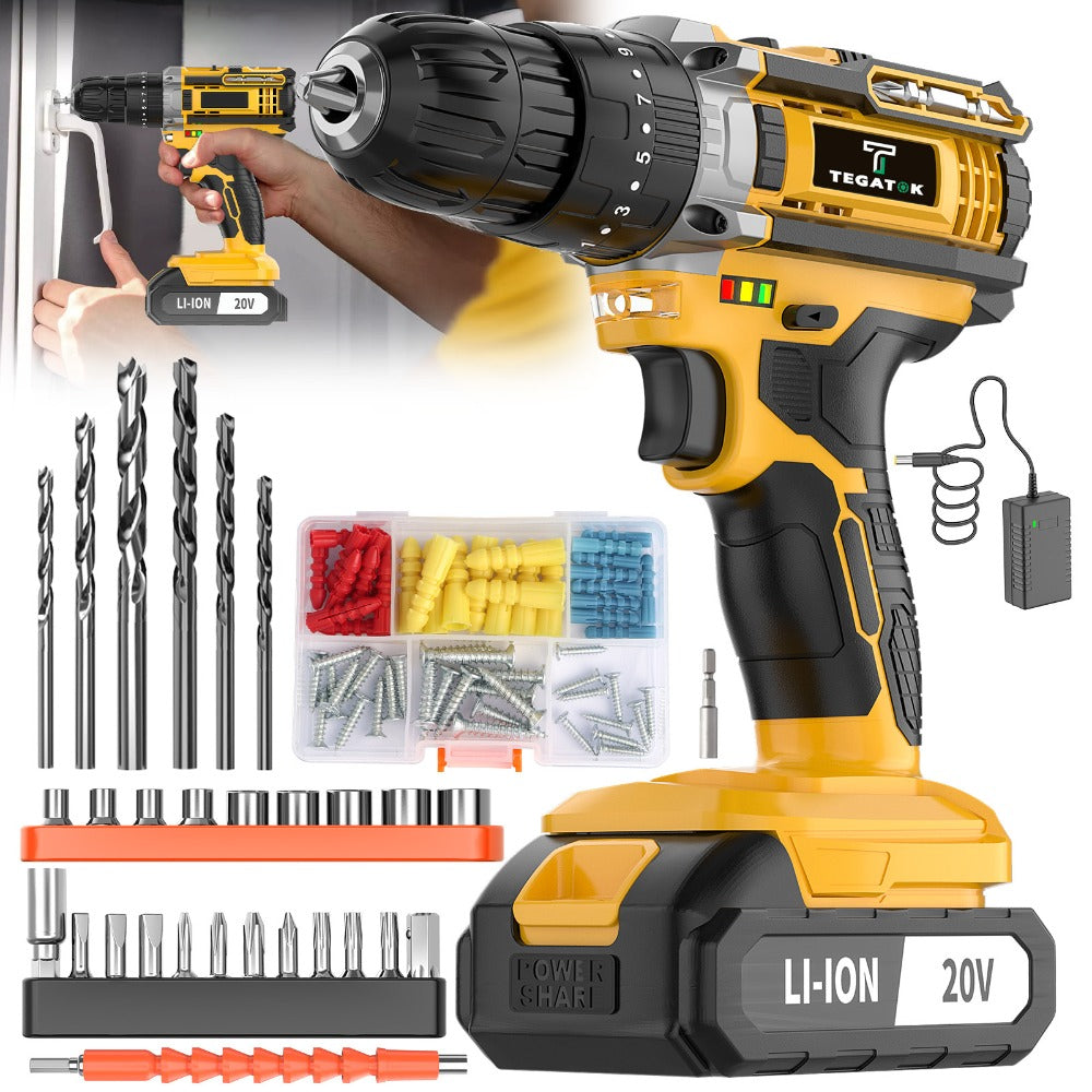 Cordless Drill Set 20V - Tegatok Impact Drill Kit with 45Nm Torque, 23-Speed Settings, LED Light, 2.0Ah Battery & Fast Charger, 58/136/145pcs Accessories for Home Renovation, Woodworking & Metal Drilling
