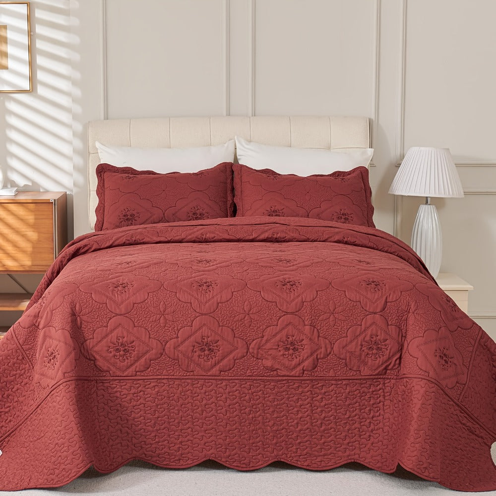 Quilt Set 3 Piece Floral Embroidery Bedspread - 100% Polyester Wrinkle Resistant Lightweight Quilted Coverlet with 2 Pillow Shams for Full Queen King Bed, Elegant Bedroom Decor in 19 Colors