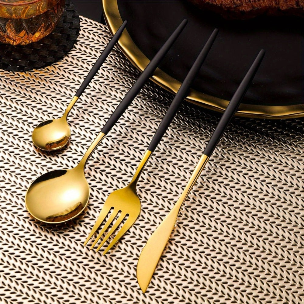 Flatware Set 24 Piece Black Gold Stainless Steel Silverware for 6 Matte Black Handle Forks Knives Spoons Cutlery Tableware Dinner Set