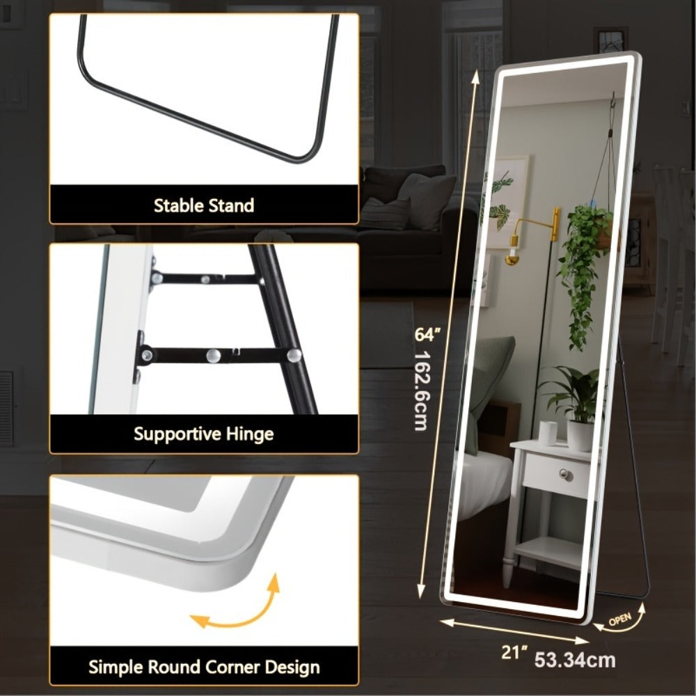 LED Full Length Mirror with Lights, Touch Control Lighted Full Body Mirror, Free Standing Wall Mounted Leaning Bedroom Mirror with LED Light Strip for Dressing Room Vanity