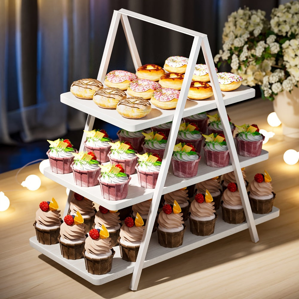 3-Tier Wooden Cupcake Stand ¨C Holds 50 Cupcakes, Dessert Display Rack for Wedding, Birthday Party & Halloween, Rustic Wood Cake Stand in Black, White & Brown