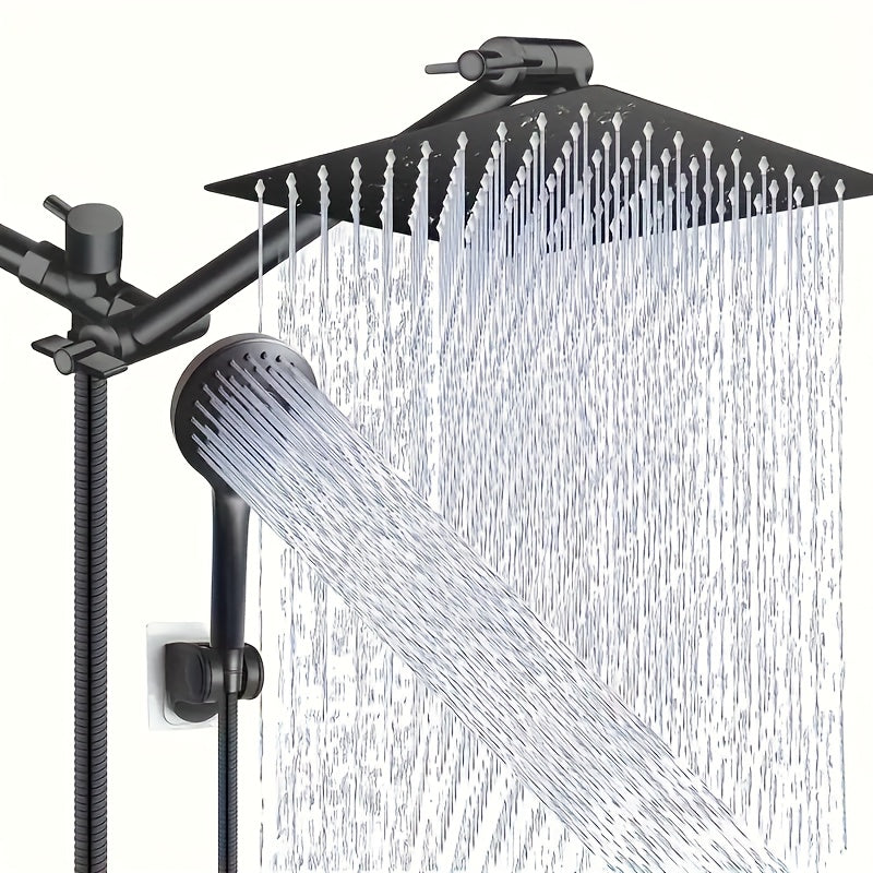 High Pressure Shower Head Combo with Handheld Shower Wall Mounted 9 Spray Settings Rainfall Shower System Adjustable Angle Leakproof with Hose for Modern Bathroom Chrome Matte Black