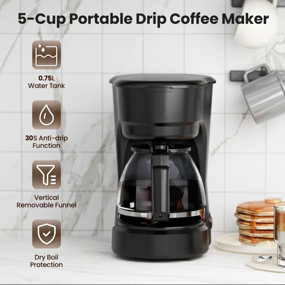 Drip Coffee Maker 5 Cup with Cup Warmer Reusable Filter Fast Heating Auto Shut-Off Compact Coffee Machine for Home Office Coffee Bar