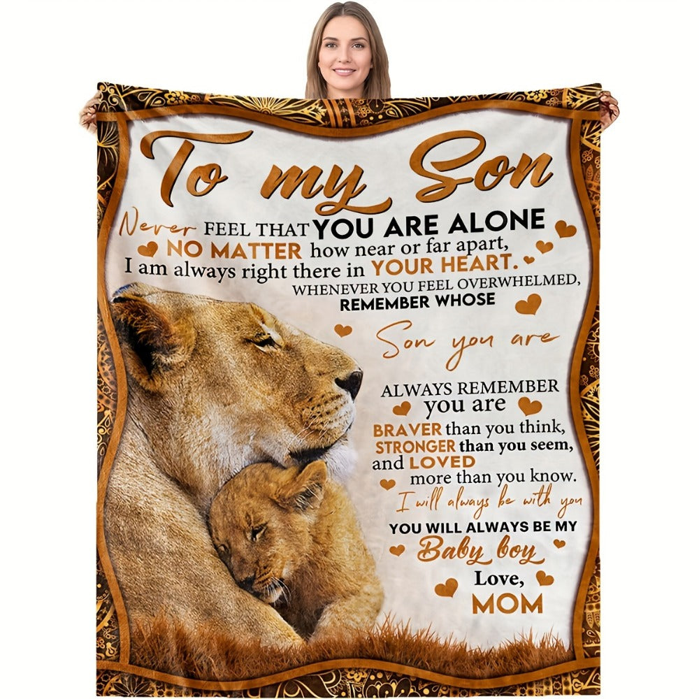 Flannel Throw Blanket with Lion Design & Inspirational Quote - Soft Cozy Knit Polyester, Heartfelt Gift for Son from Mom, Warm Home Decor Blanket