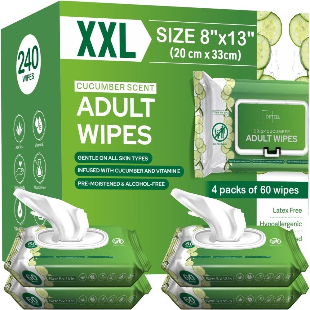 Extra Large Adult Wet Wipes 8x13 Inch 240ct 4 Packs of 60 Aloe Vitamin E Cucumber Scent Alcohol-Free Latex-Free Disposable Bathing Wipes for Elderly Incontinence Personal Care