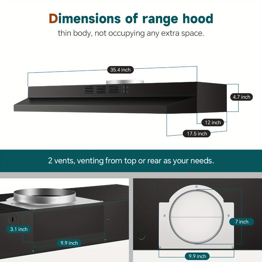 Range Hood 36 Inch Under Cabinet Ducted Ductless Convertible Stainless Steel 350CFM 2-Speed Exhaust Fan LED Light 3-Layer Aluminum Mesh Filter Top Rear Venting Kitchen Vent Hood