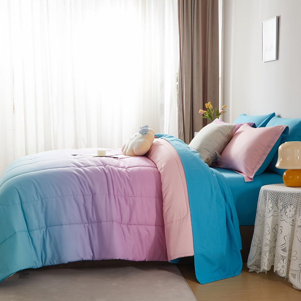 Rainbow Comforter Set 5/7Pcs - Stain-Resistant Hypoallergenic Lightweight Bed in a Bag Twin Full Queen King All Seasons 100% Polyester