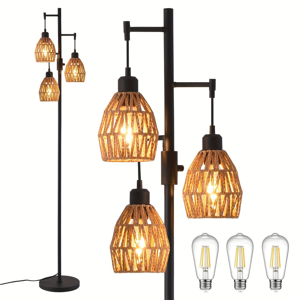 Boho Rattan Floor Lamp Dimmable ¨C 3-Light Stepless Dimming Standing Lamp with Natural Rattan Shade & Metal Base for Living Room, Bedroom, Dining Room ¨C Warm Bohemian Home Lighting