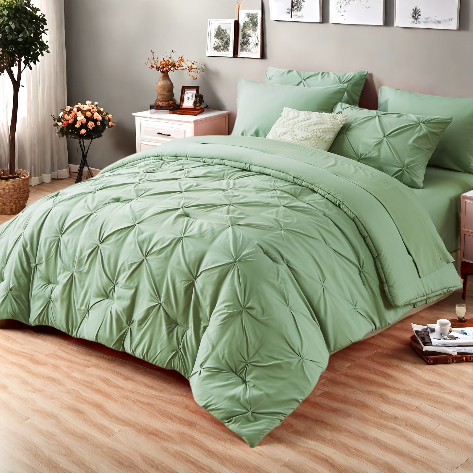 Comforter Set Luxurious Pleated 5/7pcs Bed in a Bag | Soft Plush Fiber Fill, Year-Round Warmth - Quilted Comforter, Flat & Fitted Sheet, Pillowcases & Shams, Complete Bedding Set Twin Full Queen King