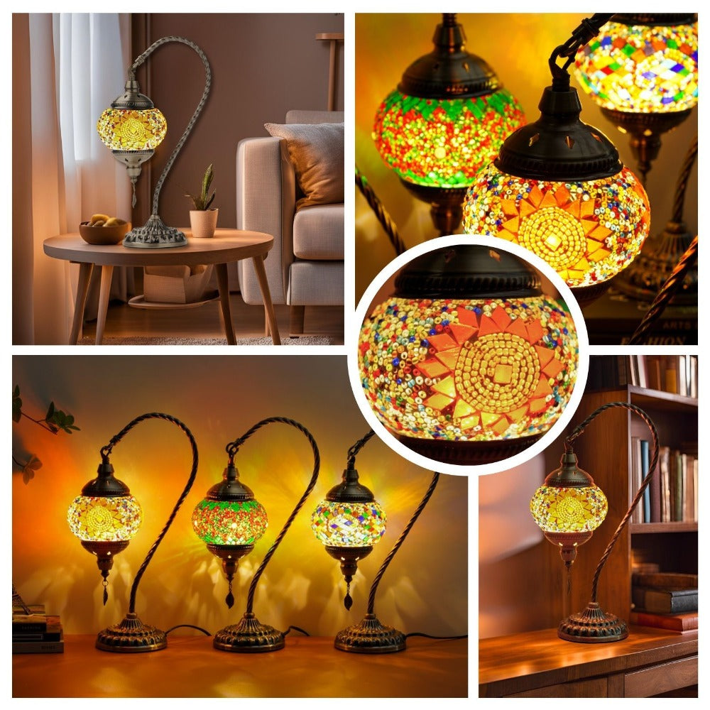 Mosaic Table Lamp Turkish Moroccan Style Handmade Swan Neck Glass Bedside Lamp 3 Color Modes LED Bulb Included Metal Base for Bedroom Living Room