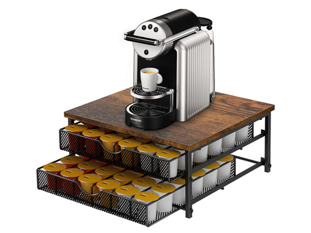 K-Cup Coffee Pod Holder 72 Capacity ¨C 2-Tier Sliding Drawer Coffee Pod Organizer with Wood Top & Metal Frame, Non-Slip Base, Stackable Countertop Storage for Home, Office & Cafe ¨C Silver