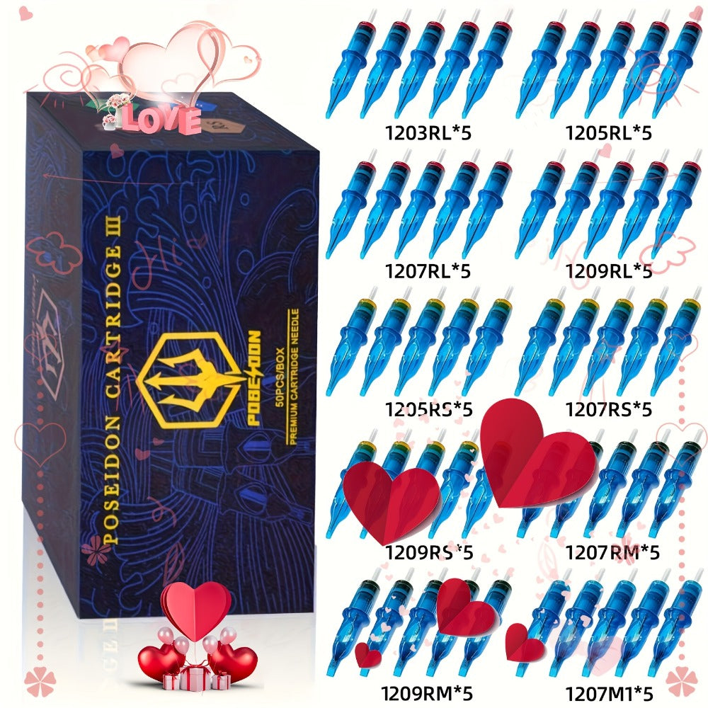 Tattoo Cartridge Needles 50Pcs Mixed Sizes - POSEIDON V3 Assorted Sterilized Cartridge Needles with Membrane Safety System 1203RL 1205RL 1207RL 1209RL 1207RM 1209RM 1205RS 1207RS 1209RS 1207M1