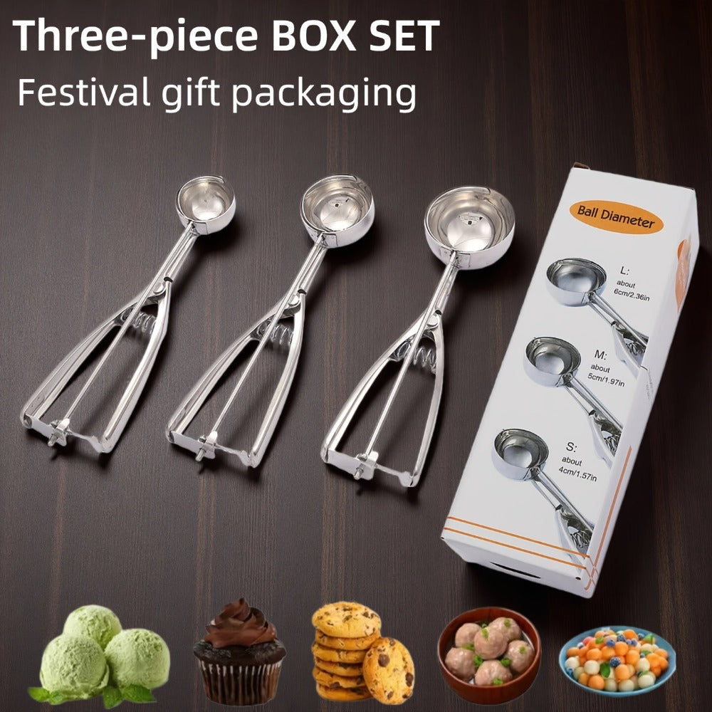 Ice Cream Scoop Set 3pcs Stainless Steel Cookie Scoop Trigger Release Fruit Scoop Watermelon Baller Dough Scoop for DIY Desserts Baking Ice Cream Shops