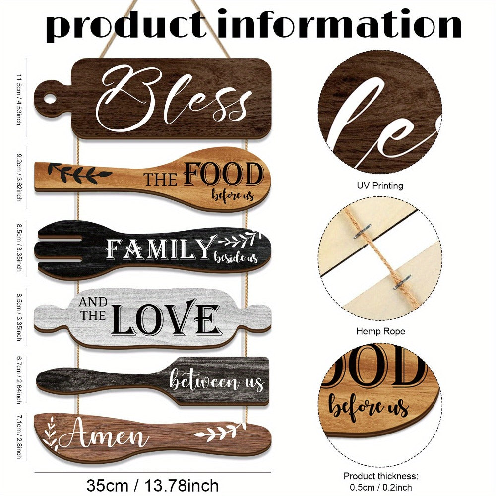 Farmhouse Wall Decor Wood Sign Set - ¡±Bless The Food Before Us¡± Rustic Kitchen Dining Room Hanging Plaque, 6-Piece Rope Wood Board Art, Housewarming Thanksgiving Gift for Home
