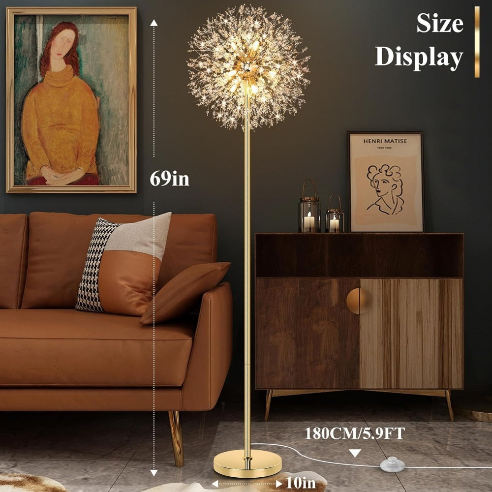Crystal Floor Lamp Living Room 69 Inch Modern Standing Lamp ¨C 738pcs K9 Crystals, 9 LED Bulbs, Antique Brass & Gold Finish, Tall Pole Light for Bedroom, Office & Mid Century Glam Decor